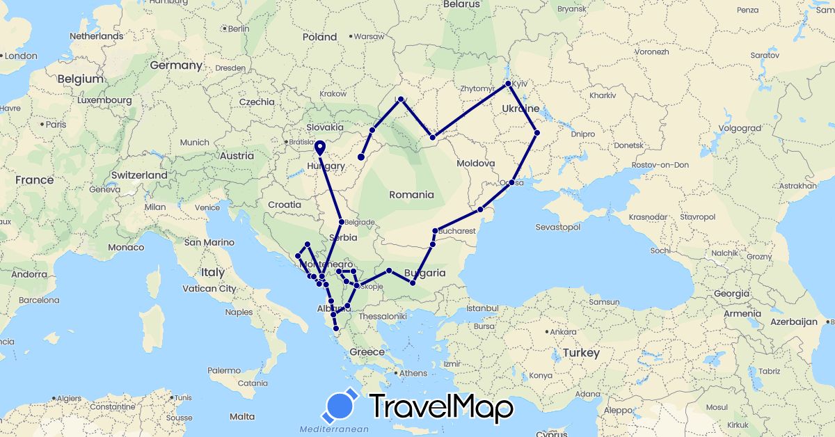 TravelMap itinerary: driving in Albania, Bosnia and Herzegovina, Bulgaria, Hungary, Montenegro, Macedonia, Romania, Serbia, Ukraine, Kosovo (Europe)
